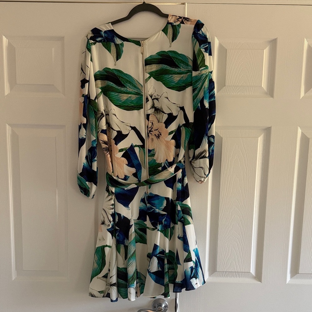White House Black Market Floral Wrap Dress in Blue, Green, Cream - Picture 3 of 7